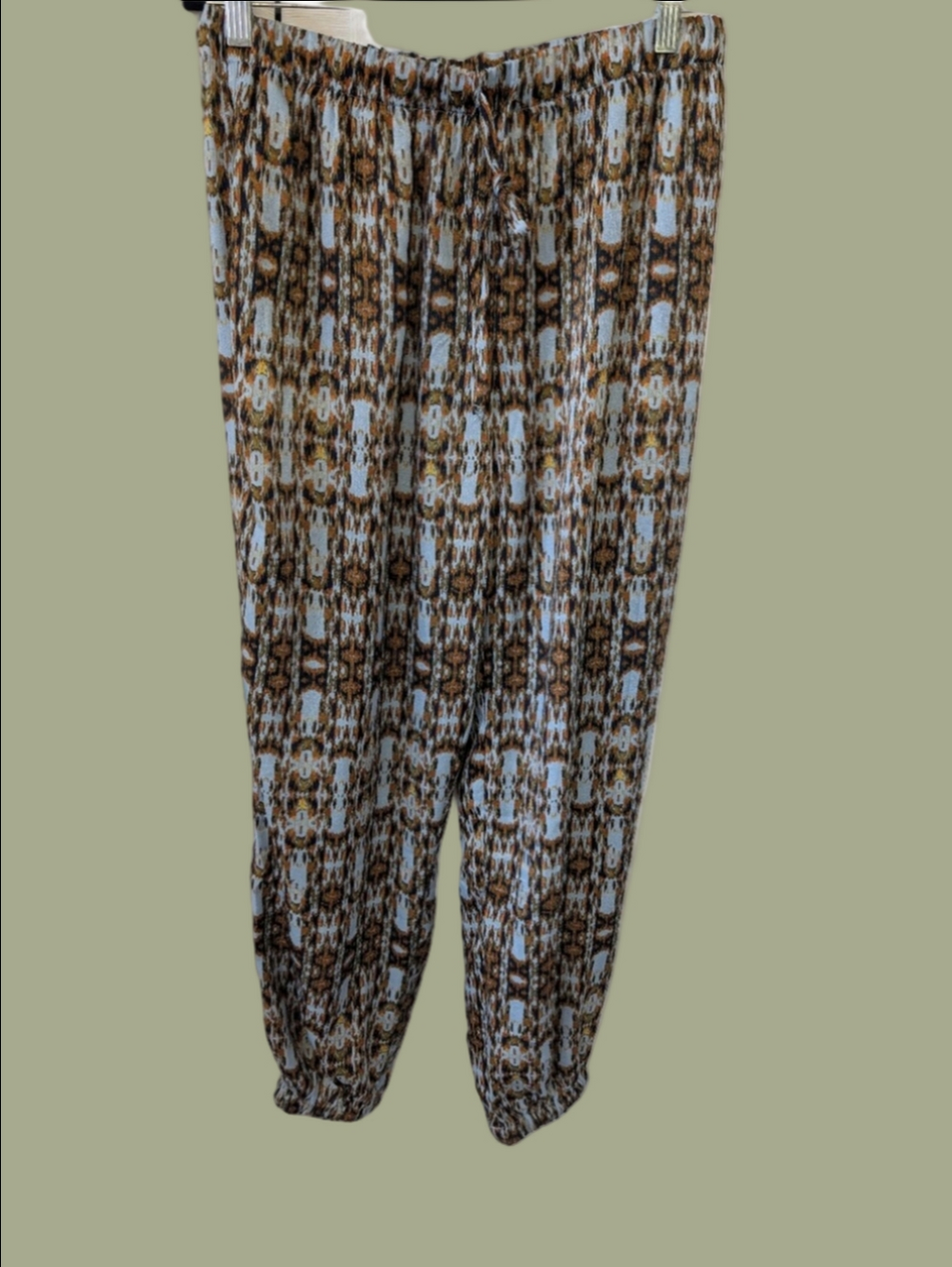 RACHEL ROY Boho Printed Joggers Pants Light Blue and Brown Elastic Waist Sz L